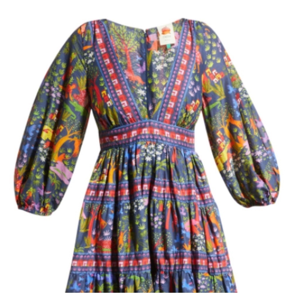 FARM Rio Animal Utopia Floral Jungle Print Puff Sleeve Midi Dress XS NWT - Picture 9 of 11